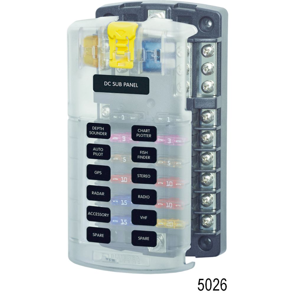 Blue Sea Systems ST Blade 12-Circuit Fuse Block with Negative Bus and Cover – 5026