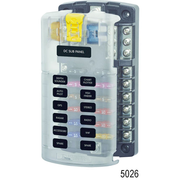 Blue Sea Systems ST Blade 12-Circuit Fuse Block with Negative Bus and Cover – 5026