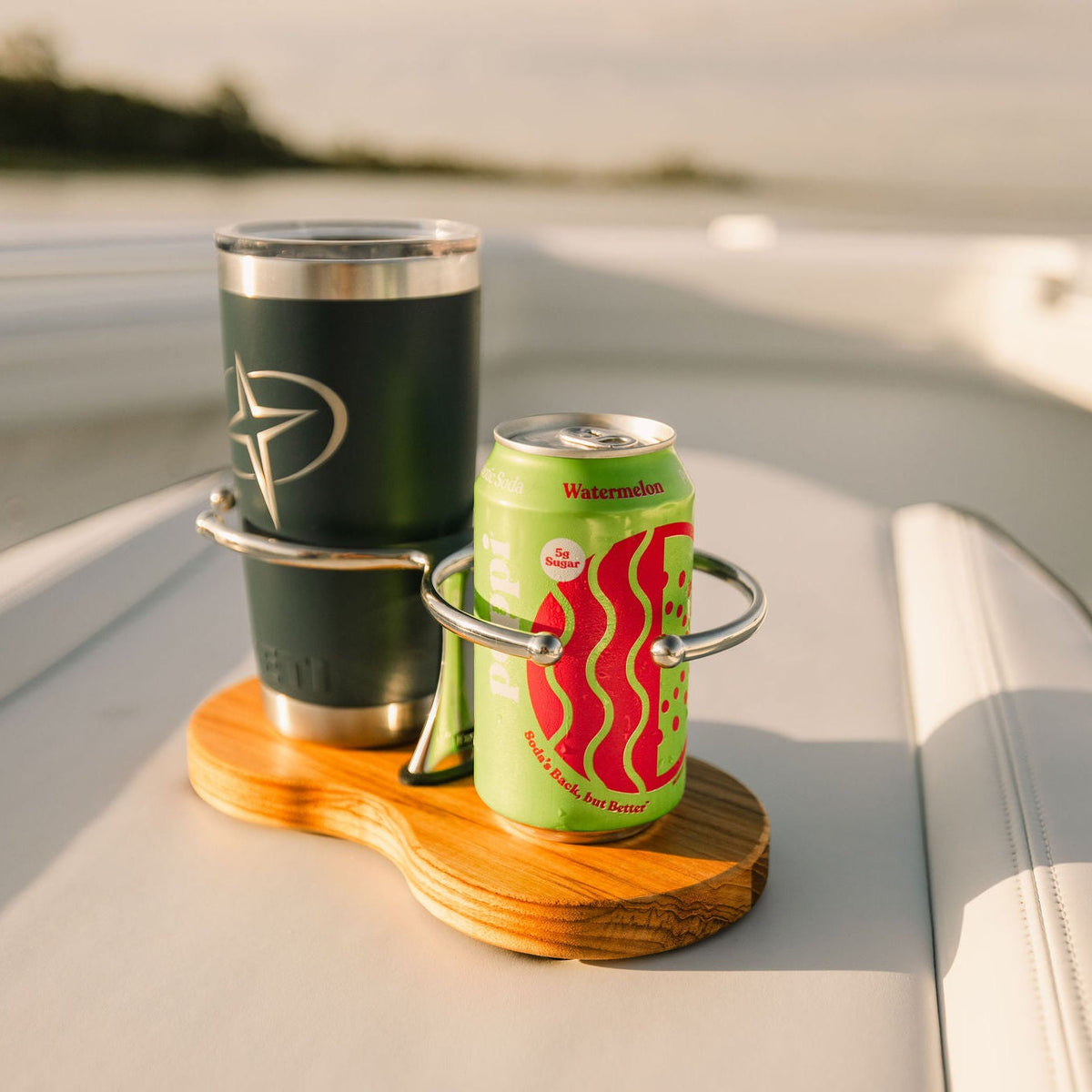 Drink Holder, Double, Stainless with Teak Base