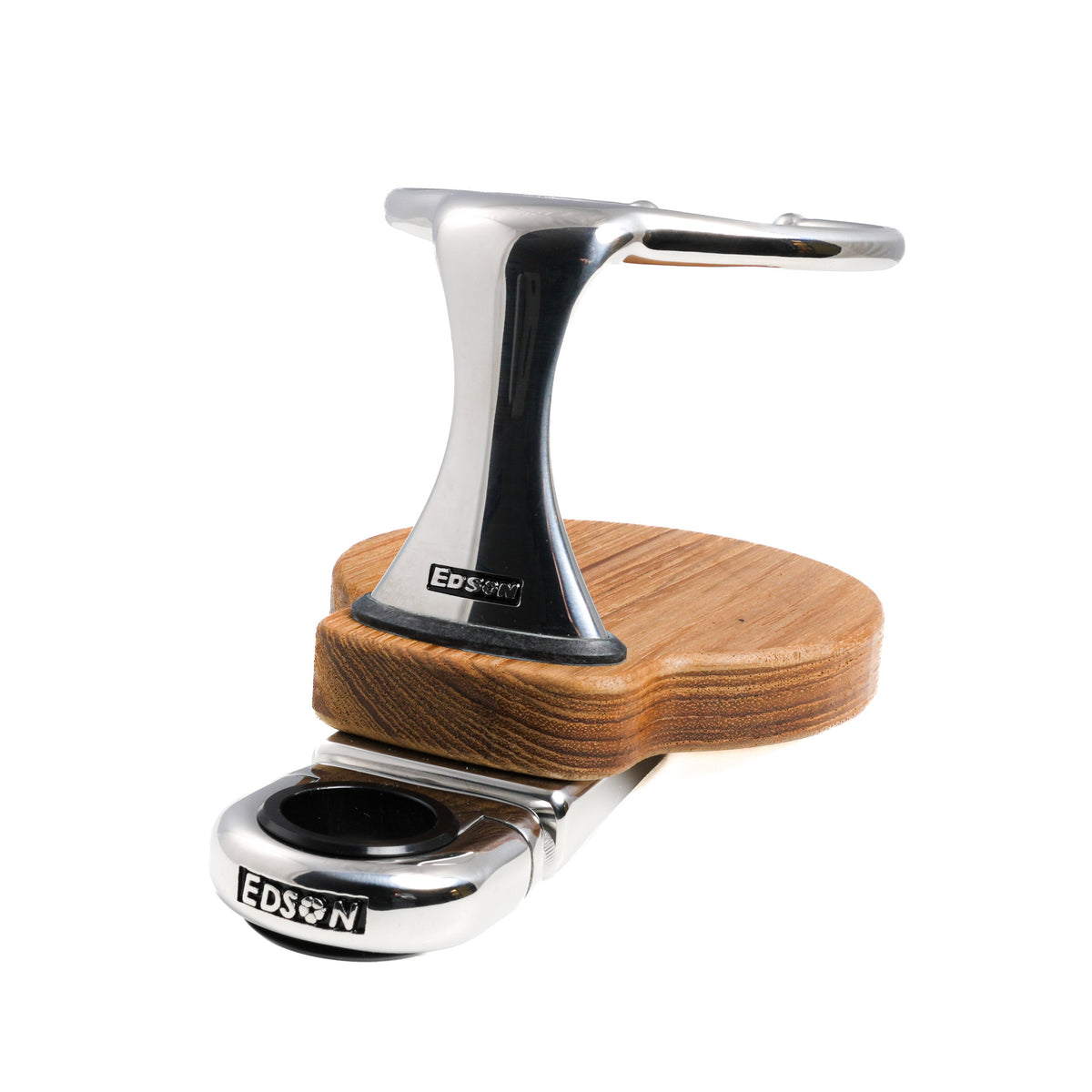 Single Clamp-On Stainless Steel Drink Holder w/Teak Base – image 2