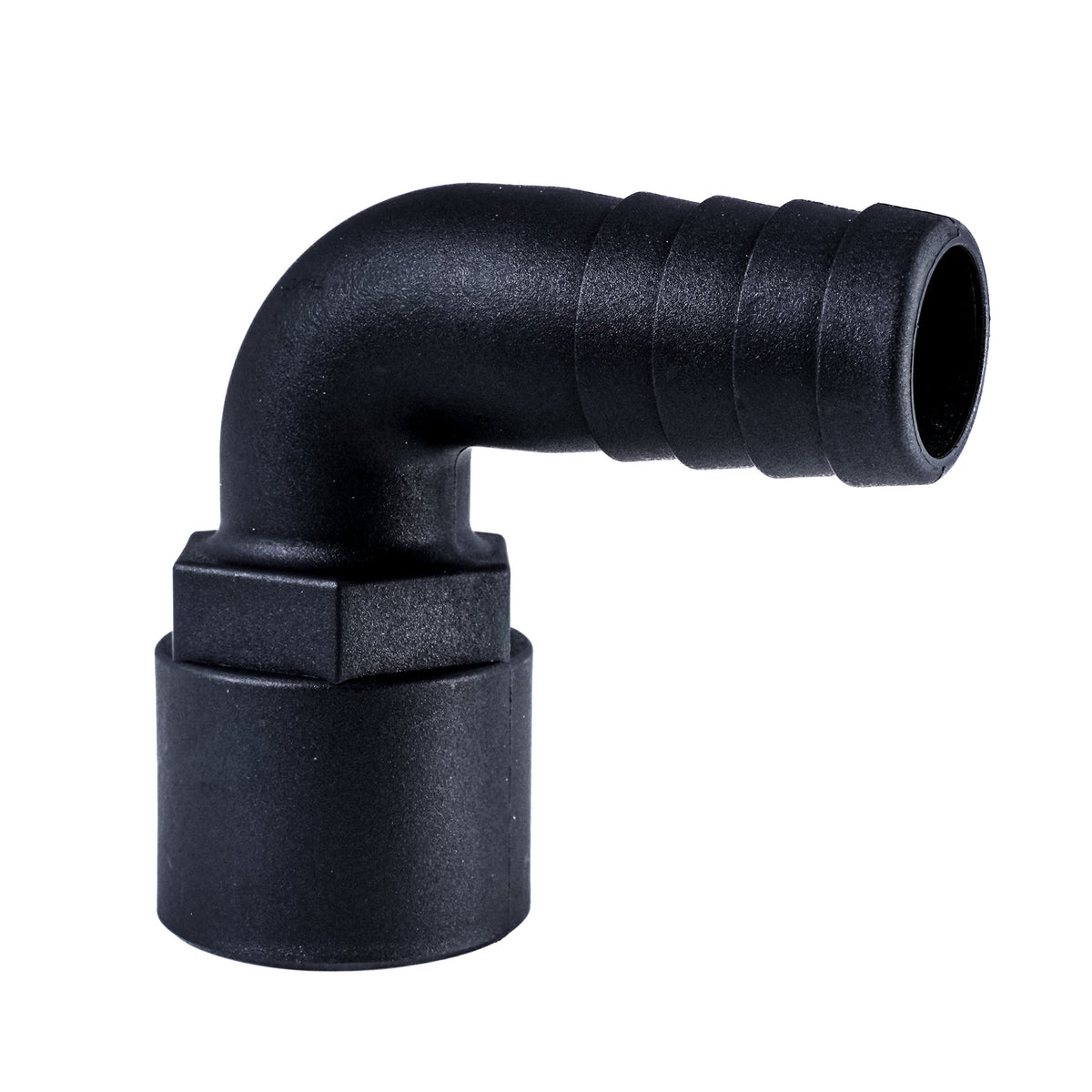 Hose Barb 90deg 1" x 1" (25.4mm x 25.4mm) NPS Female, Black