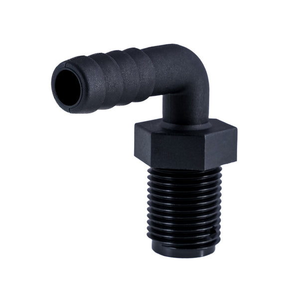 Hose Barb 90deg .5" x .5" (12.7mm x 12.7mm) NPS Long Thread, Black