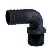Hose Barb 90deg 1.25" x 1.25" (31.8mm x 31.8mm) NPS Long Thread, Black