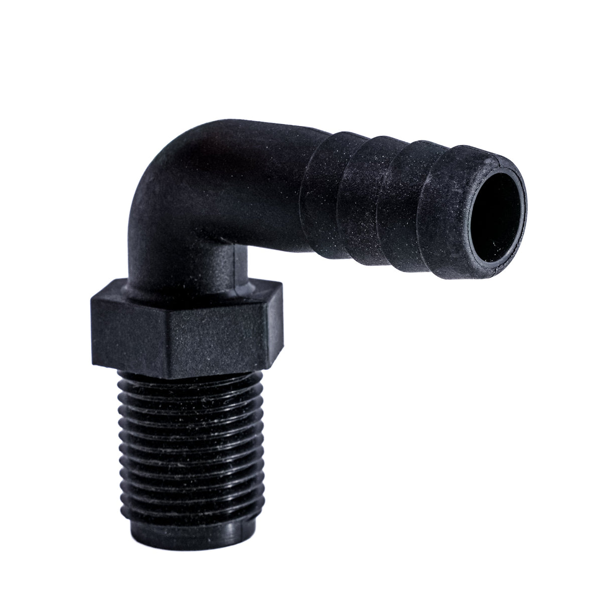 Hose Barb 90deg Unequal .625" x .5" (15.9mm x 12.7mm) NPS Long Thread, Black