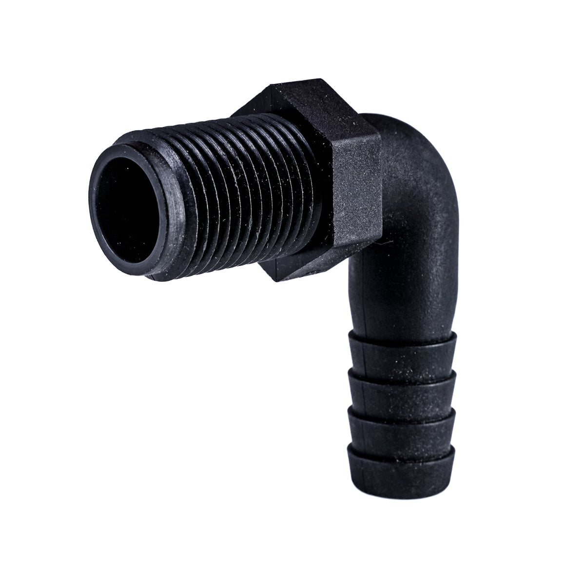 Hose Barb 90deg Unequal .625" x .5" (15.9mm x 12.7mm) NPS Long Thread, Black – image 2