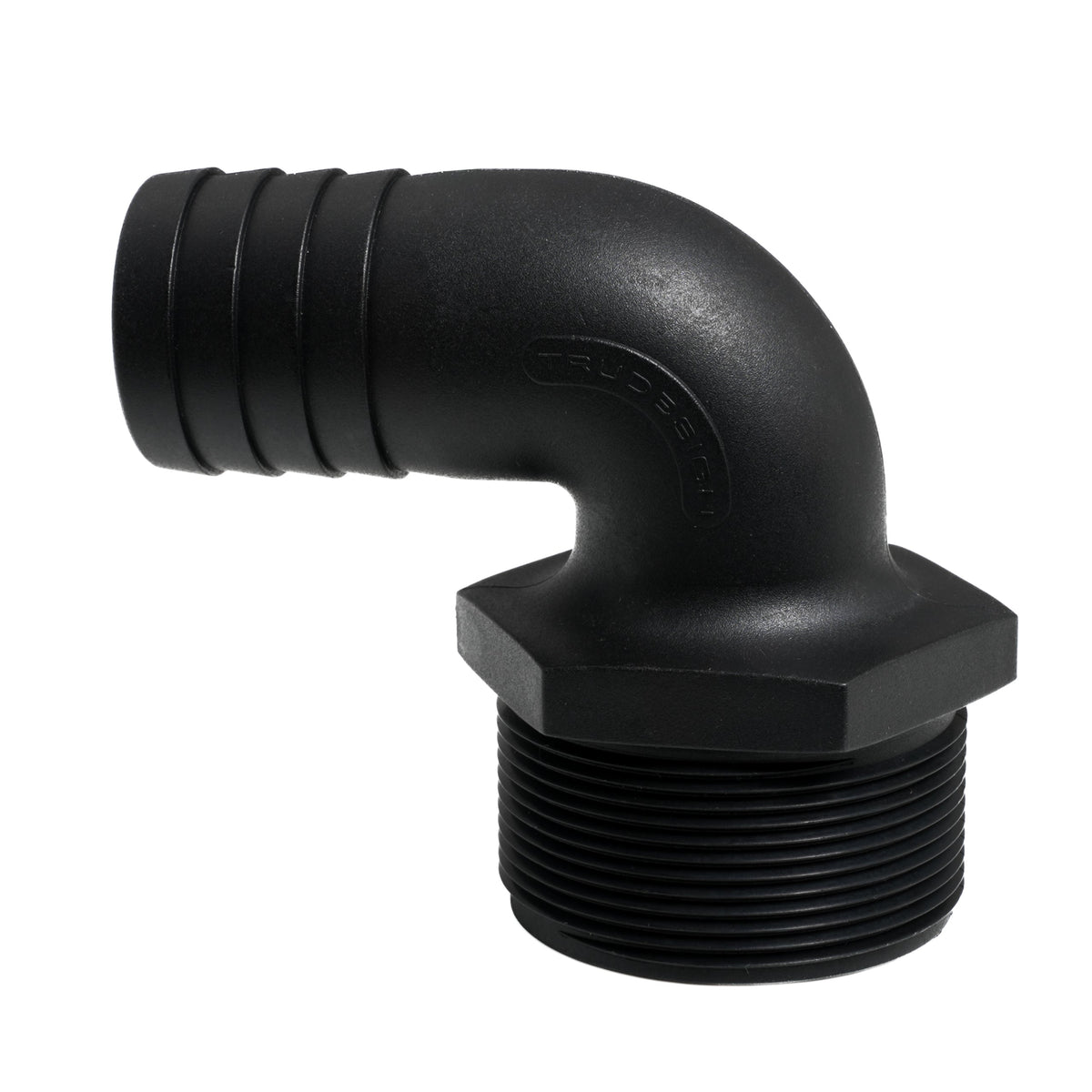 Hose Barb 90deg Unequal 1.5" x 2" (38.1mm x 50.8mm) NPS Long Thread, Black