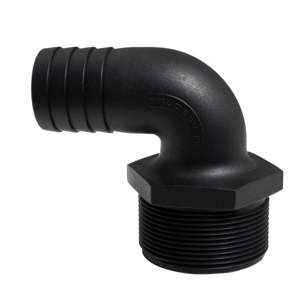 Hose Barb 90deg Unequal 1.5" x 2" (38.1mm x 50.8mm) NPS Long Thread, Black