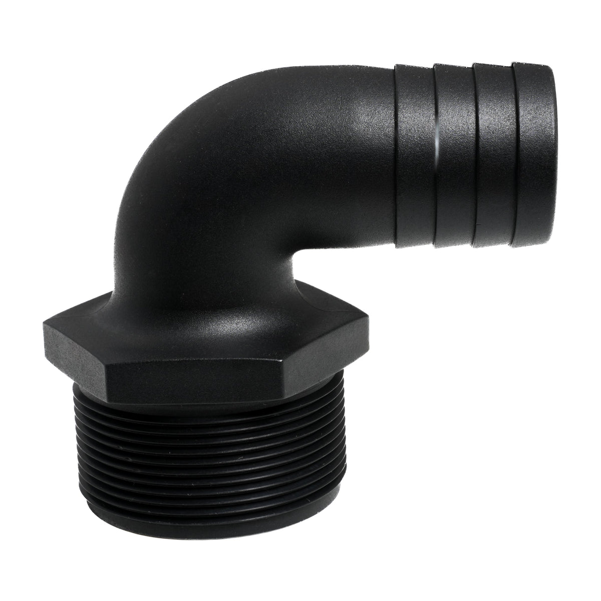 Hose Barb 90deg Unequal 1.5" x 2" (38.1mm x 50.8mm) NPS Long Thread, Black – image 2